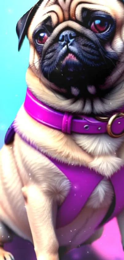 Adorable pug in pink harness on a vibrant gradient background.