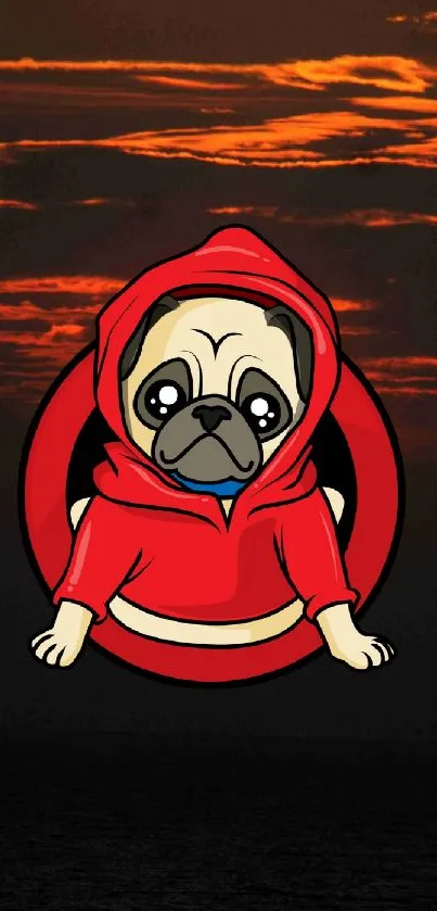 Cartoon pug in a red hoodie on a dark sunset background wallpaper.