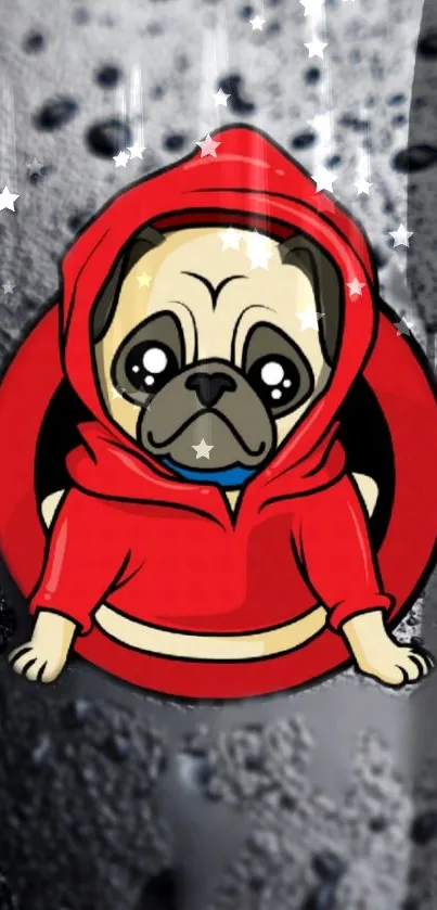 Cartoon pug in red hoodie with stars on a rainy background.