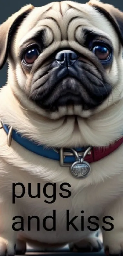 Adorable realistic pug with blue and red collar on a mobile wallpaper.