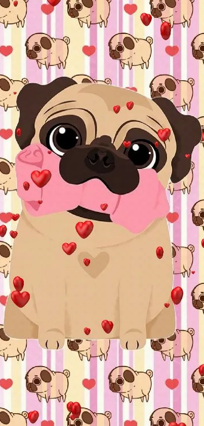 Cute cartoon pug with pink bow on heart patterned wallpaper.