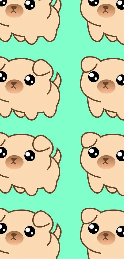 Cute cartoon pug pattern on a mint green background for mobile wallpaper.