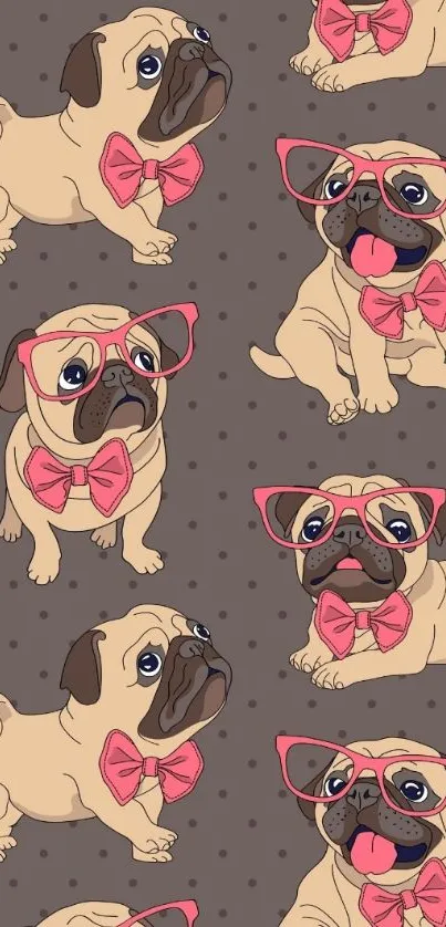 Cute cartoon pugs with glasses and bow ties on brown wallpaper.