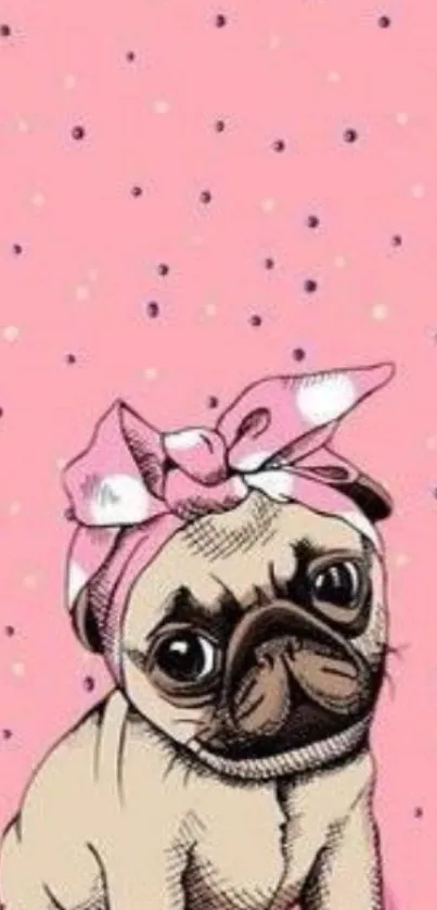 Cute pug on a pink polka dot background perfect for mobile wallpaper.