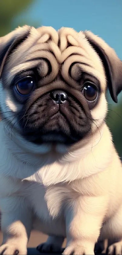 A cute fawn pug puppy with big eyes sitting outdoors, perfect for mobile wallpaper.