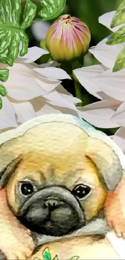 Cute pug nestled among white blooming flowers on a green leafy background.