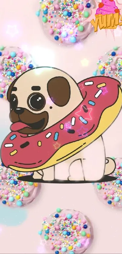 Cartoon pug wrapped in a colorful donut with sprinkled background.