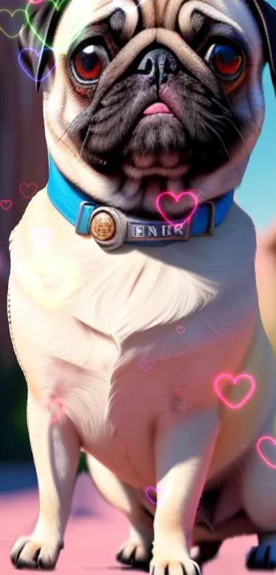 Charming pug with neon heart effects on colorful background.