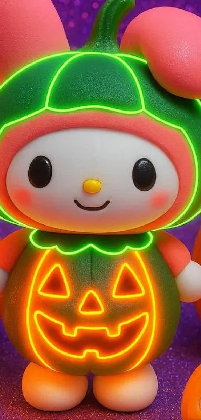 Cute bunny in a green pumpkin costume surrounded by orange pumpkins.