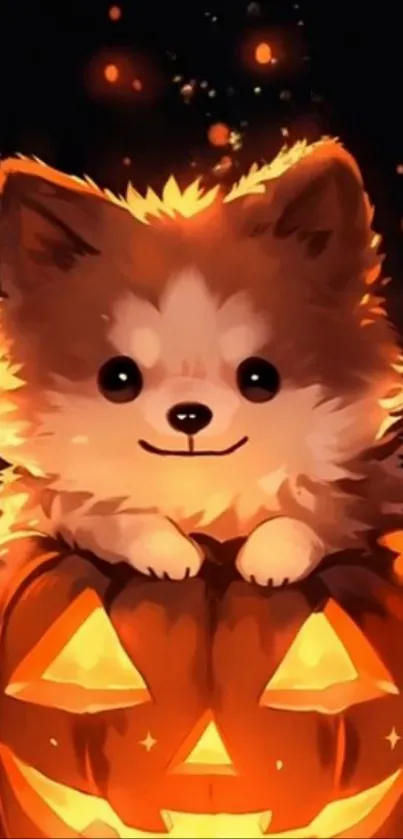 Adorable dog peeks from a glowing pumpkin in a Halloween-themed wallpaper.