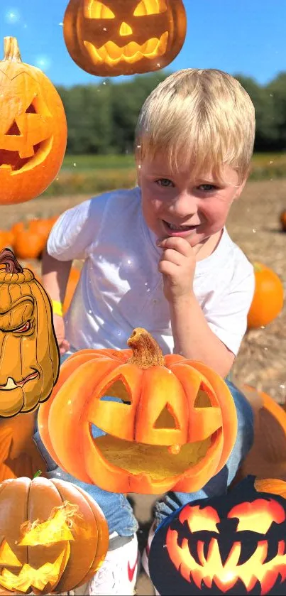 Child smiling in a pumpkin patch with glowing jack-o'-lanterns around.