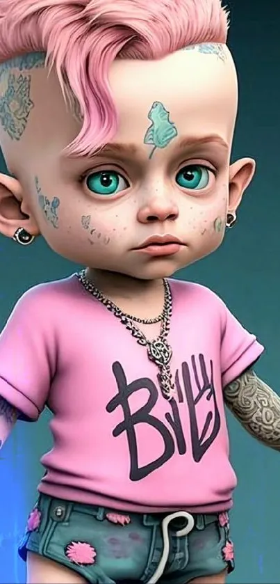 Cute punk character with pink hair and tattoos mobile wallpaper.