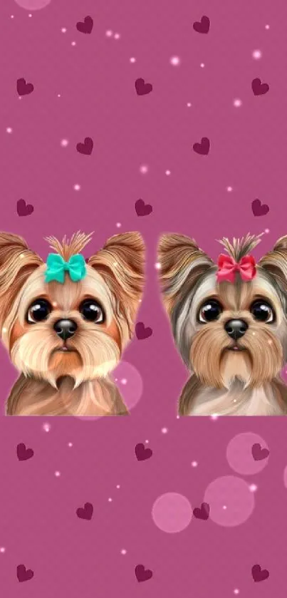 Cute puppy wallpaper with pink background and hearts.