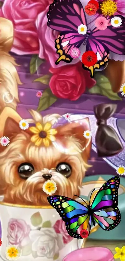 Cute puppies with colorful butterflies and flowers in a digital art style.