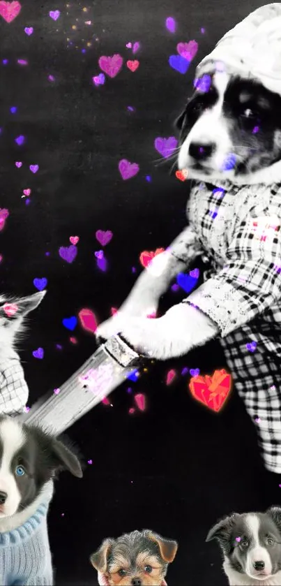 Wallpaper with cute puppies and vibrant heart design.