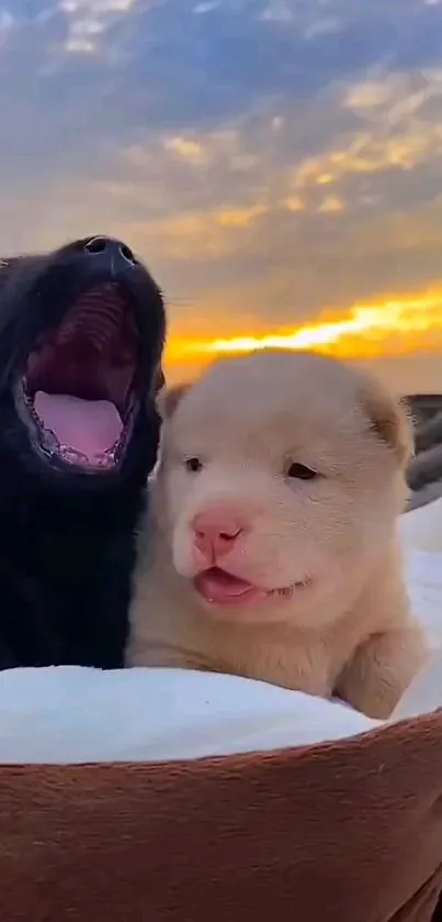 Two puppies snuggle under a vibrant sunset sky.