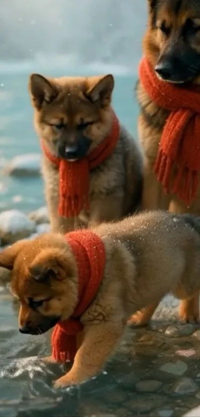Three puppies with red scarves by a serene water's edge.