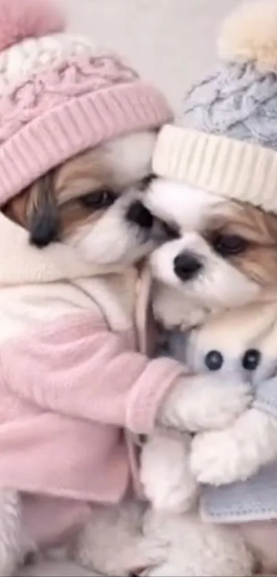 Two cute puppies in warm knit sweaters snuggling together.