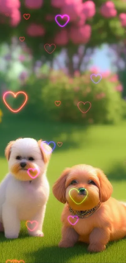 Two cute puppies on green grass with pink flowers behind.
