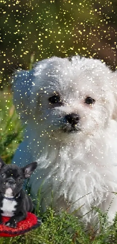 White puppy and toy dog on green grass field under sunlight.