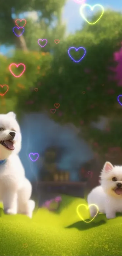 Cute fluffy puppies in a vibrant garden with glowing heart accents.