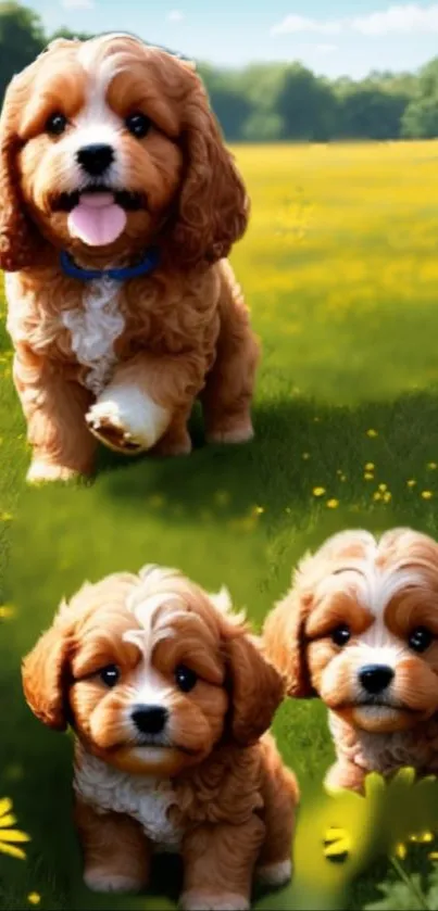 Three cute puppies in a sunlit meadow with yellow flowers surrounding them.