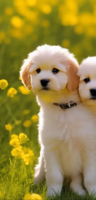 Two adorable puppies in a sunny field with yellow flowers.