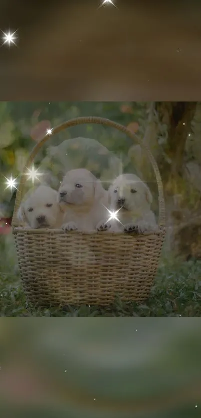 Three puppies in a wicker basket with a lush green garden background.