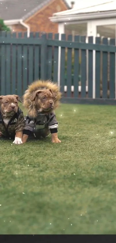 Two cute puppies in winter jackets on a grassy lawn with a house and fence backdrop.