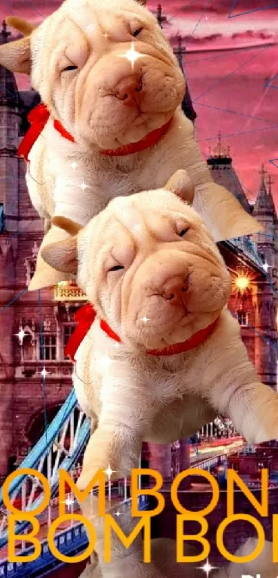 Adorable Shar Pei puppies over London Bridge in vibrant artwork.