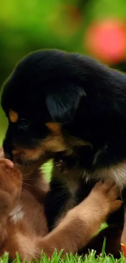 Two puppies playing on green grass with a colorful background.