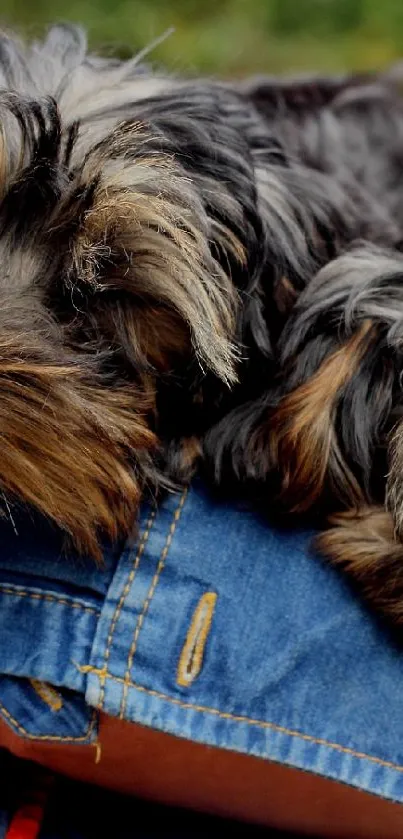 Two cuddly puppies resting contentedly in a denim-clad arm.