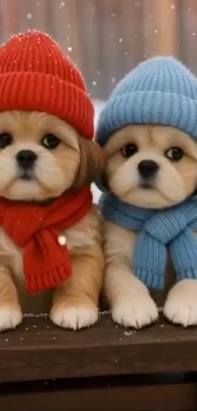 Two cute puppies wearing winter hats and scarves.