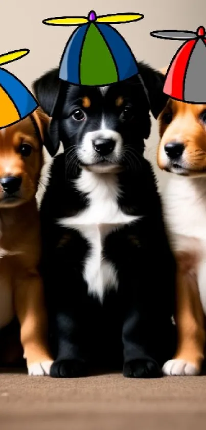 Three puppies wearing colorful propeller caps, sitting on brown carpet.