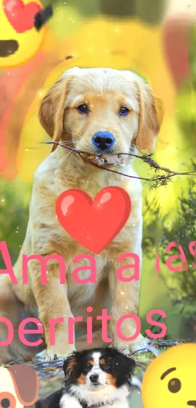 Adorable puppy with heart emojis on a colorful background.