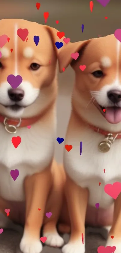 Two cute puppies with colorful hearts background.