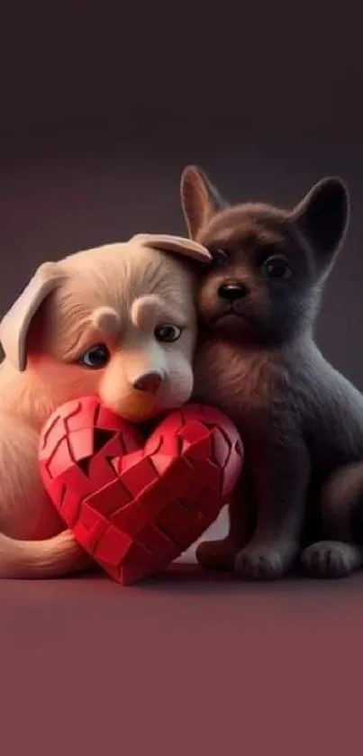 Cute puppies holding a red heart, perfect for a mobile wallpaper.