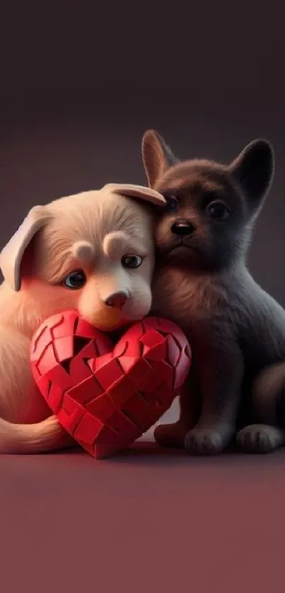 Two adorable puppies hugging a red heart, set against a soft background.