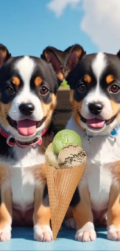 Two adorable puppies with an ice cream cone.