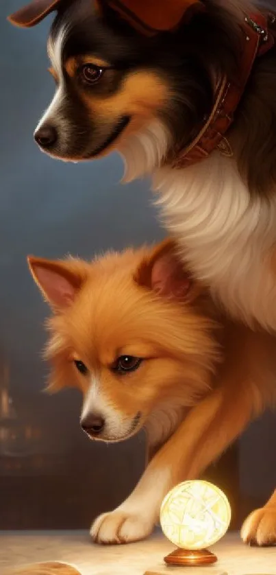 Two cute puppies captivated by a glowing magical orb on a cozy night setting.