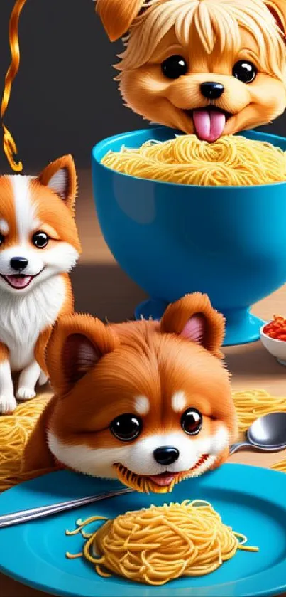 Illustration of cute cartoon puppies eating noodles in a bright blue setting.