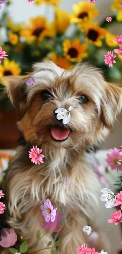 Happy puppy surrounded by colorful flowers