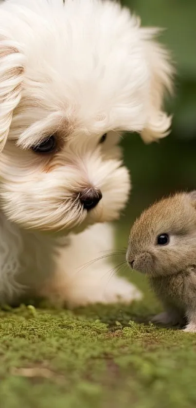 Cute fluffy puppy and bunny on a green moss background.