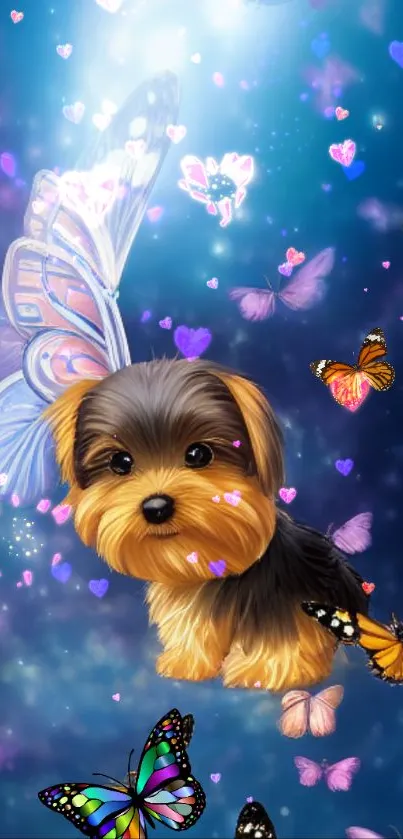 Cute puppy with butterflies and hearts wallpaper.