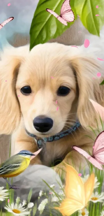 Puppy surrounded by butterflies and flowers in a green nature scene.