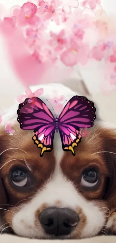 Cute puppy with butterfly and floral accents on pink-themed wallpaper.