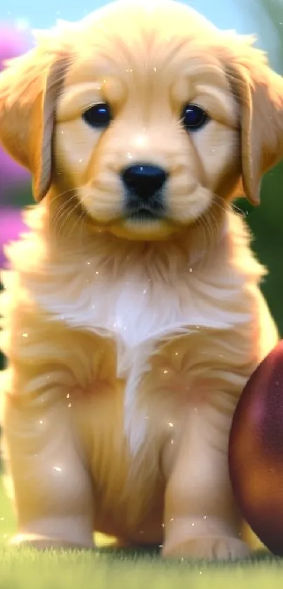 Adorable golden puppy with a ball on green grass, vibrant phone wallpaper.