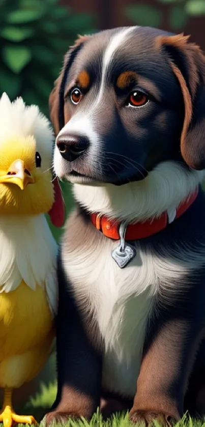 Cute puppy and duckling in a garden setting.