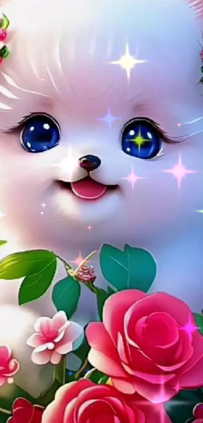 Adorable fluffy white puppy with pink roses and sparkling stars in vibrant colors.