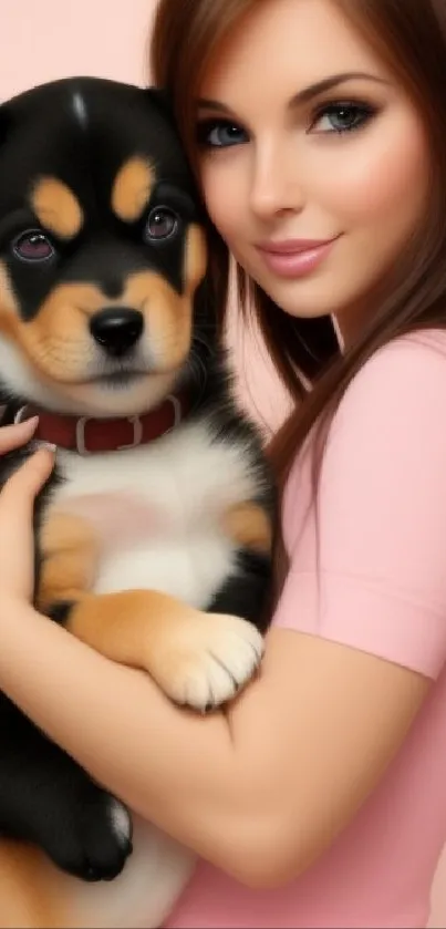 Girl holding a cute puppy with a pink background.